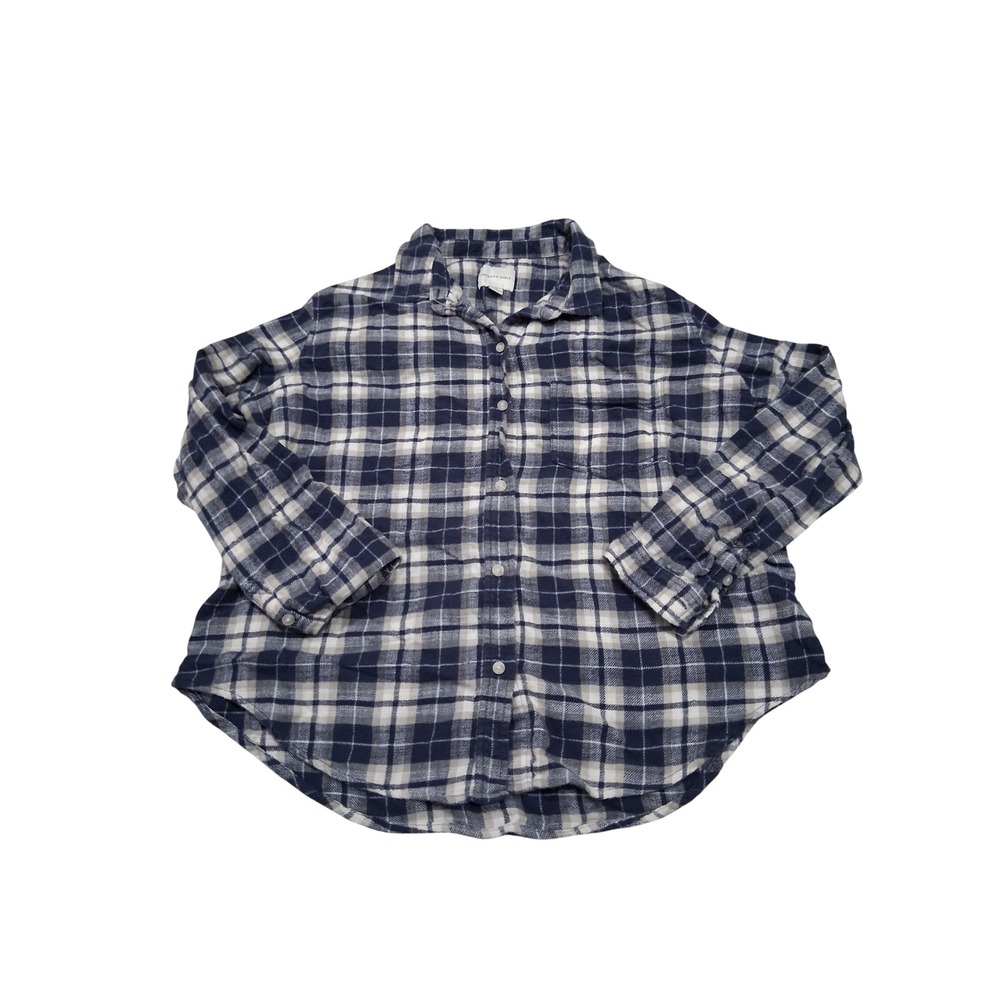 American Eagle Navy Blue White Plaid Button Down Flannel Shirt Womens Large